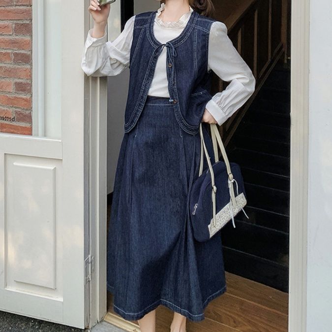 デニムセットアップ レトロ調ベスト ロングスカートセット