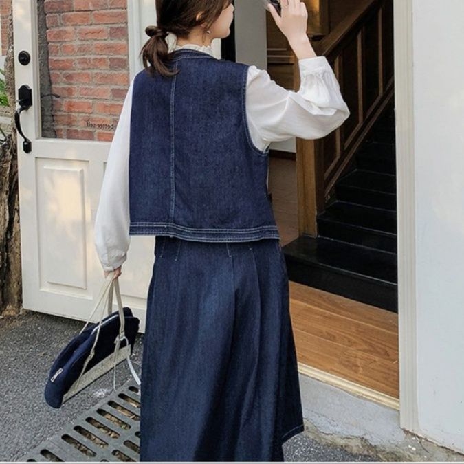デニムセットアップ レトロ調ベスト ロングスカートセット