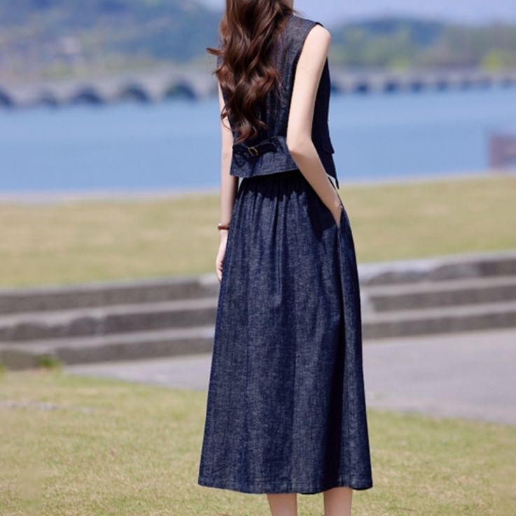 デニムセットアップ 優美なノースリーブベスト＆ロングスカート