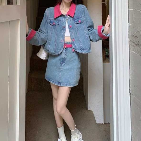 デニムセットアップ 配色襟デニムジャケット＆スカート