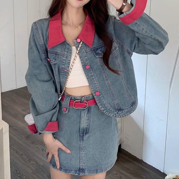 デニムセットアップ 配色襟デニムジャケット＆スカート