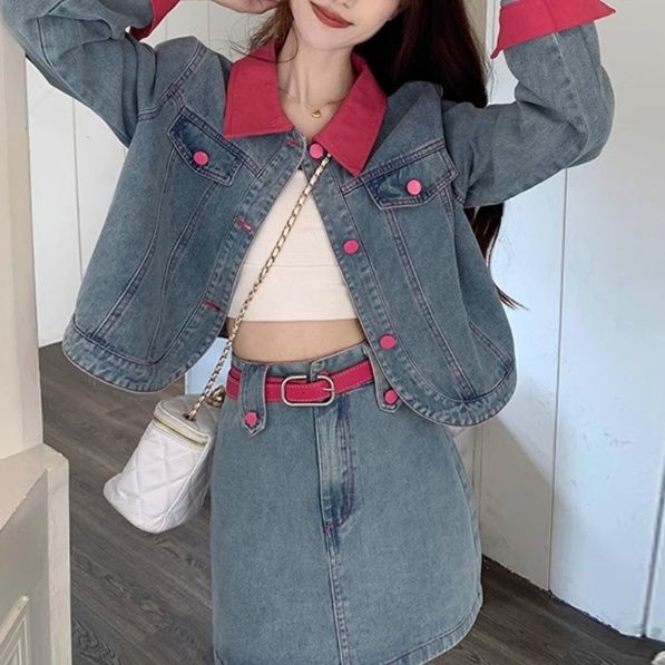 デニムセットアップ 配色襟デニムジャケット＆スカート