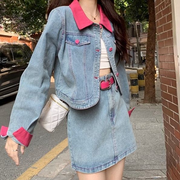 デニムセットアップ 配色襟デニムジャケット＆スカート