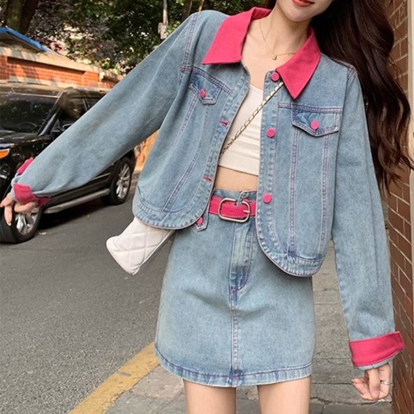 デニムセットアップ 配色襟デニムジャケット＆スカート