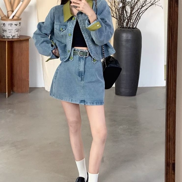 デニムセットアップ 配色襟デニムジャケット＆スカート