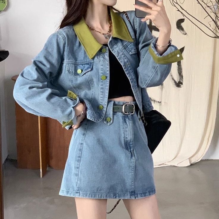 デニムセットアップ 配色襟デニムジャケット＆スカート