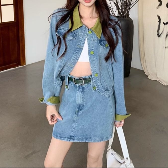 デニムセットアップ 配色襟デニムジャケット＆スカート