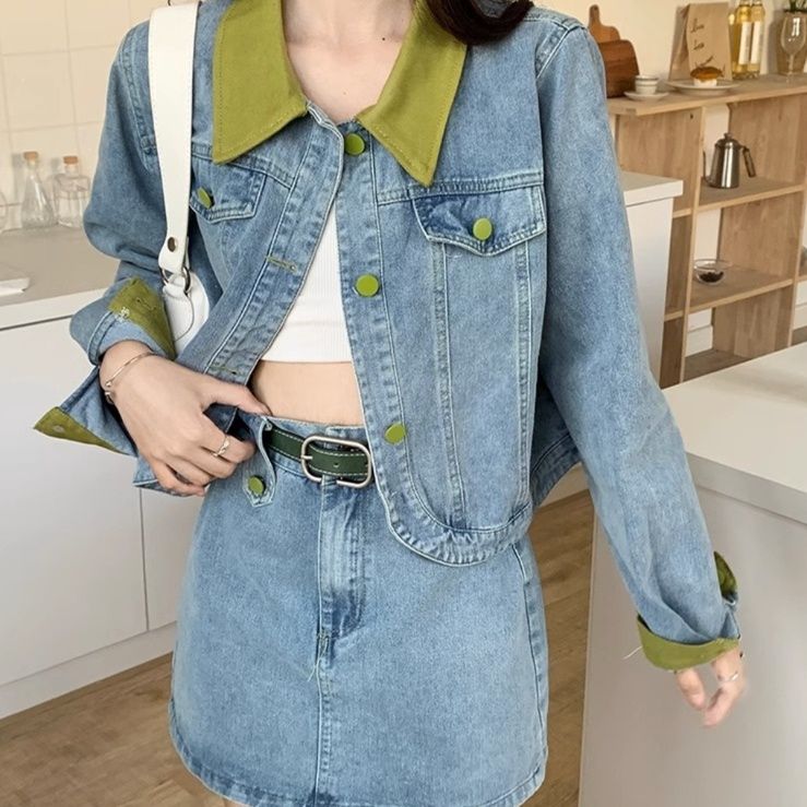 デニムセットアップ 配色襟デニムジャケット＆スカート