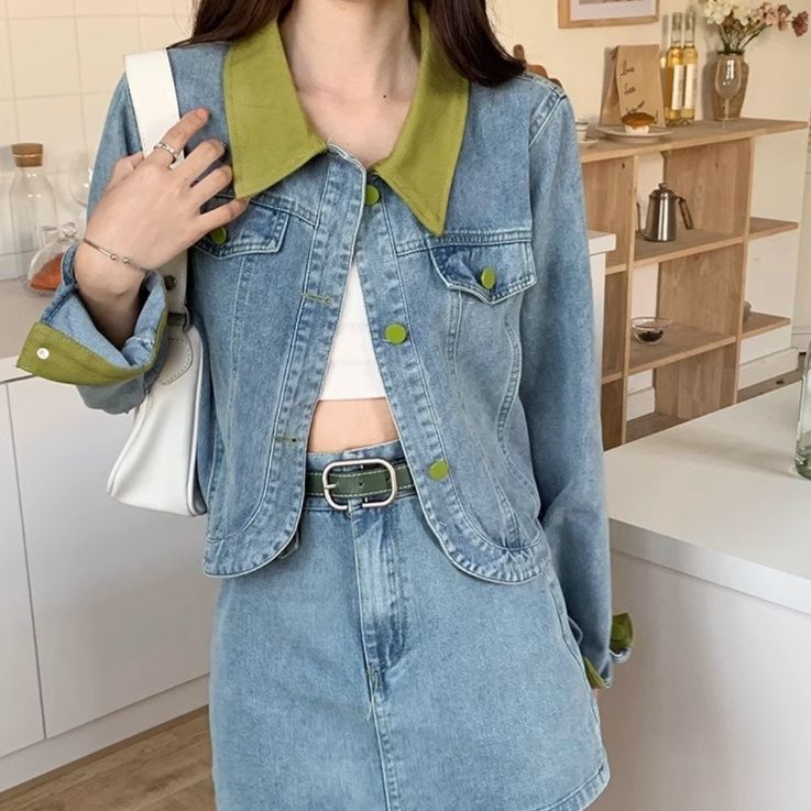 デニムセットアップ 配色襟デニムジャケット＆スカート