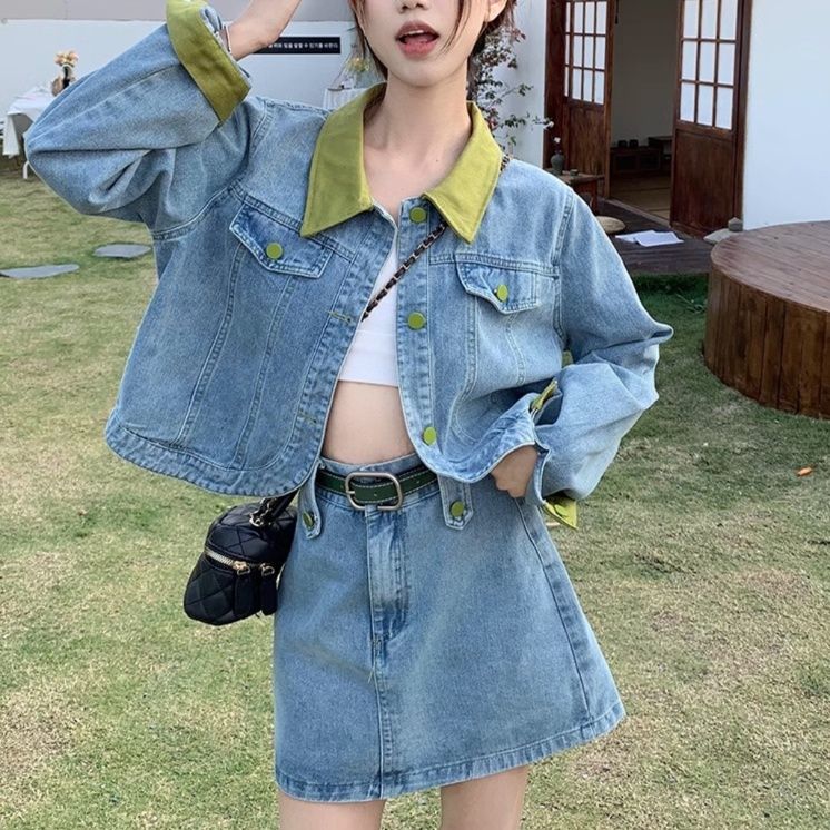 デニムセットアップ 配色襟デニムジャケット＆スカート