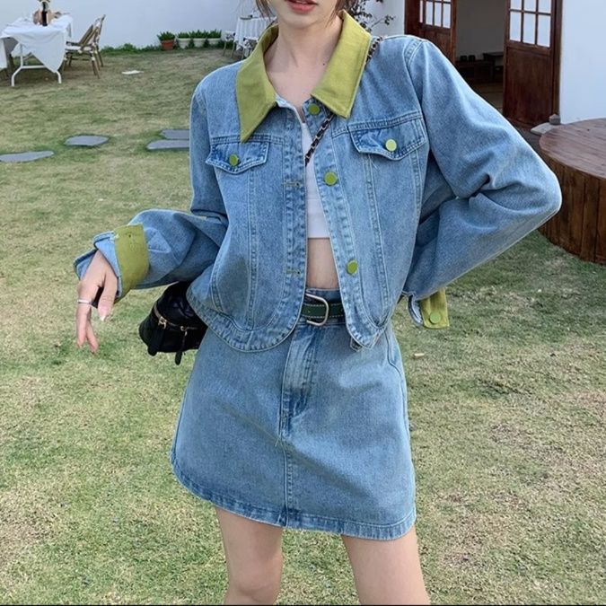 デニムセットアップ 配色襟デニムジャケット＆スカート