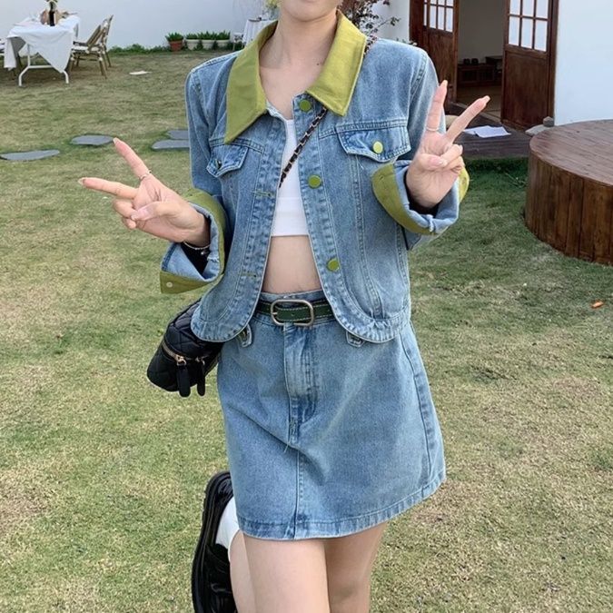 デニムセットアップ 配色襟デニムジャケット＆スカート