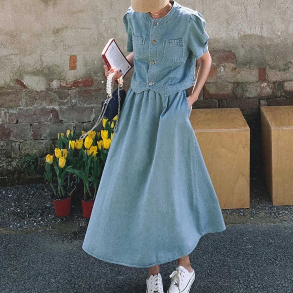 デニムセットアップ ノーカラーフレアスカートセット