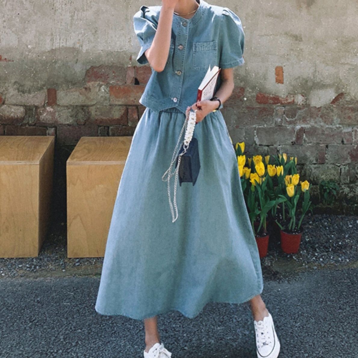 デニムセットアップ ノーカラーフレアスカートセット