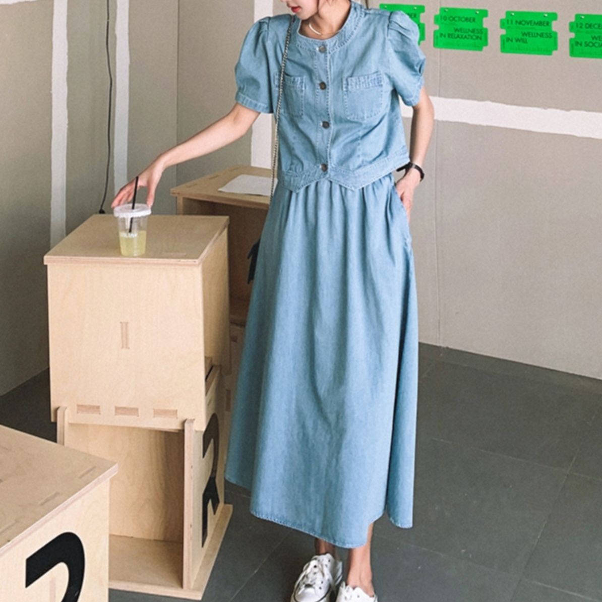 デニムセットアップ ノーカラーフレアスカートセット