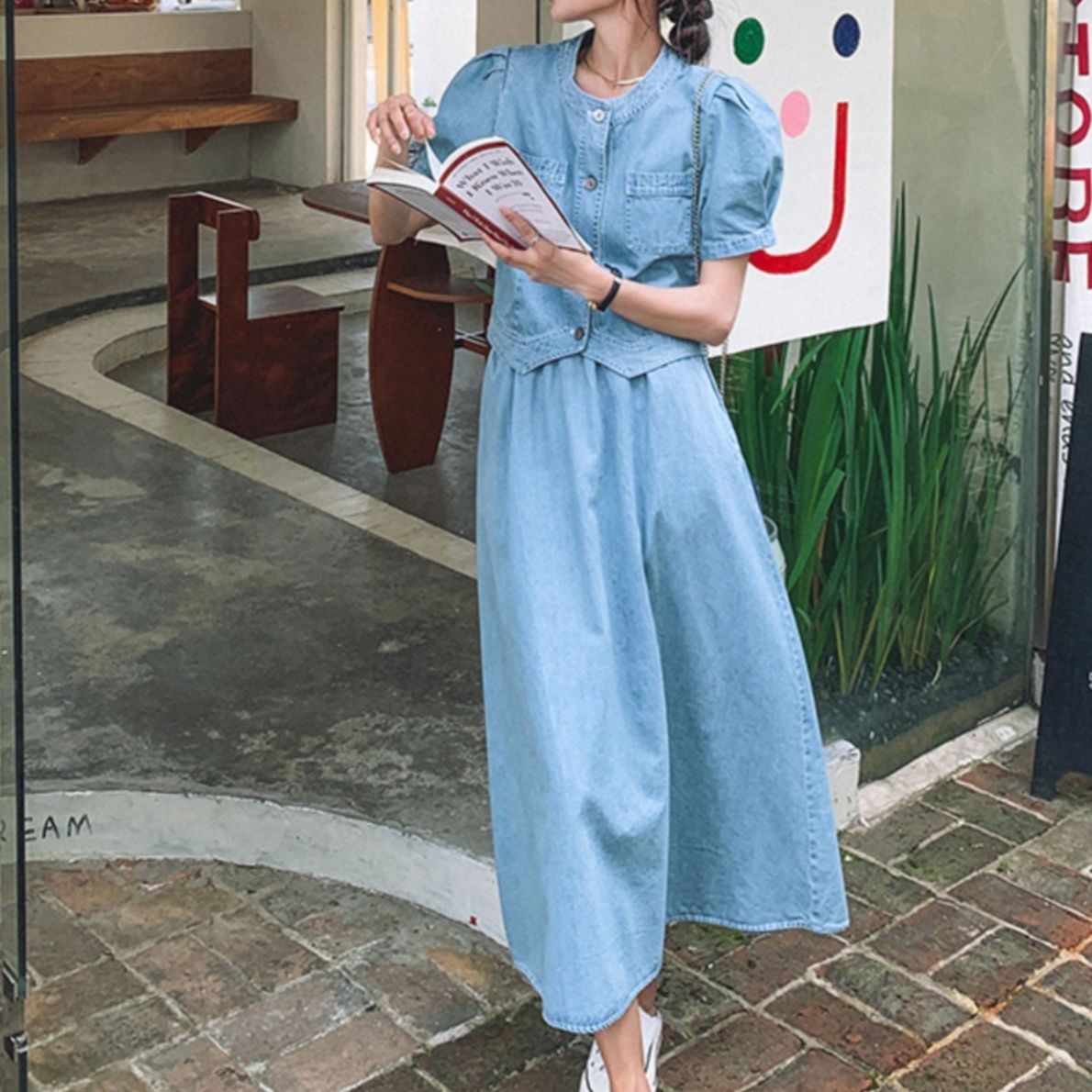 デニムセットアップ ノーカラーフレアスカートセット