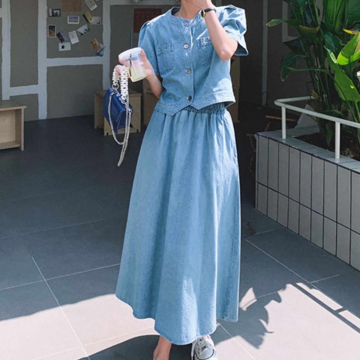 デニムセットアップ ノーカラーフレアスカートセット