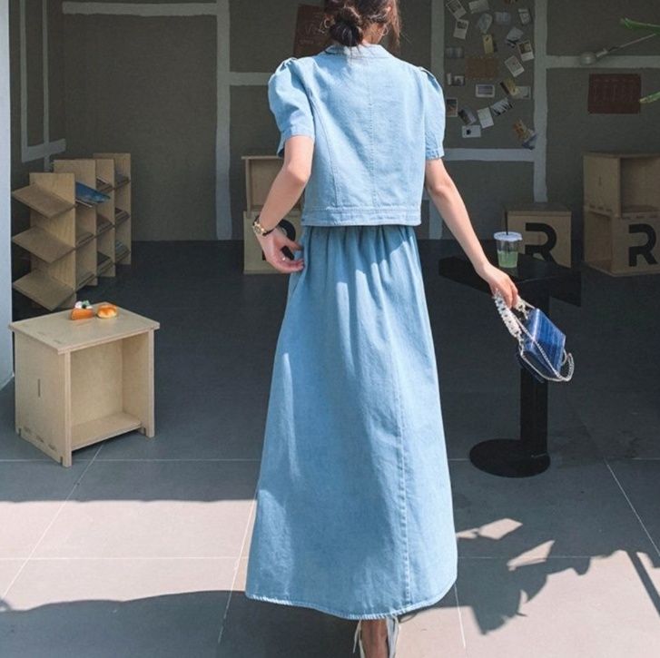 デニムセットアップ ノーカラーフレアスカートセット