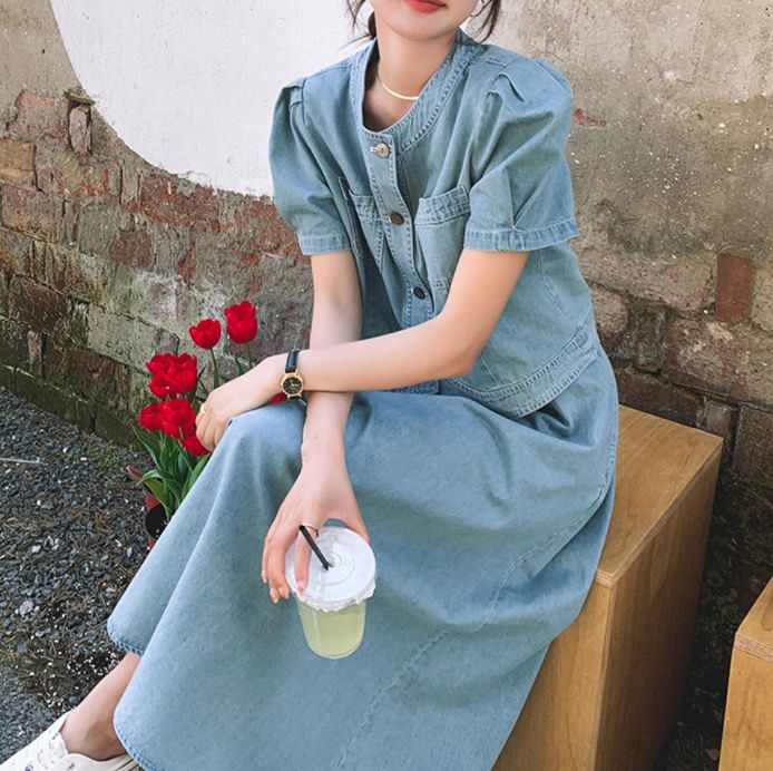 デニムセットアップ ノーカラーフレアスカートセット