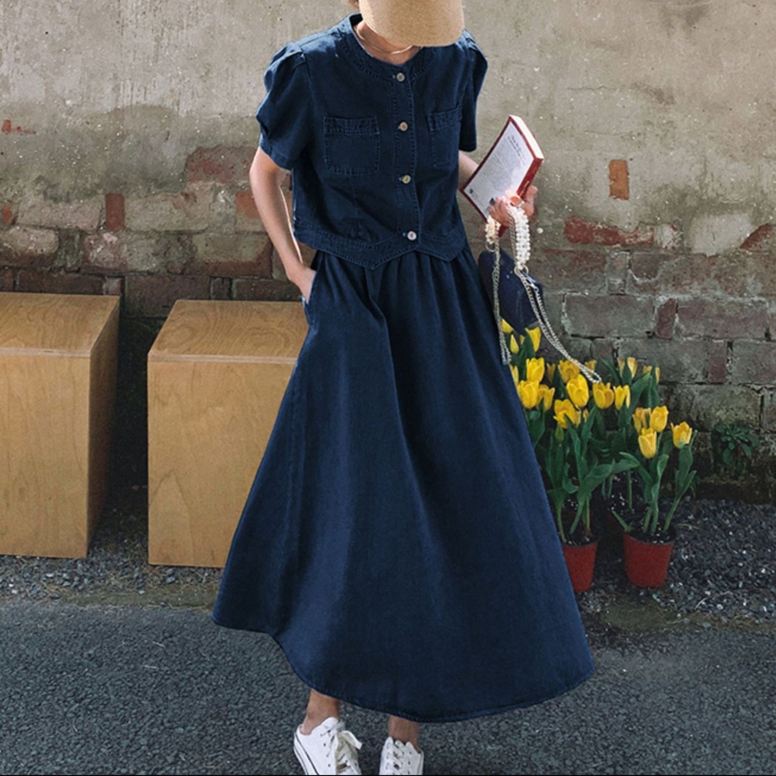 デニムセットアップ ノーカラーフレアスカートセット