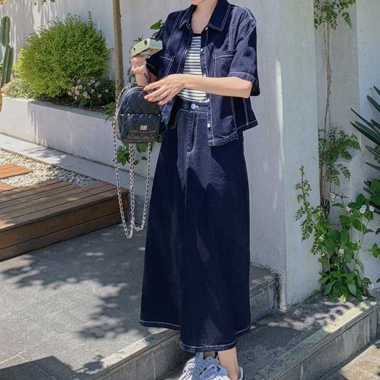 デニムセットアップ 半袖シャツ＆ロングスカート上下セット