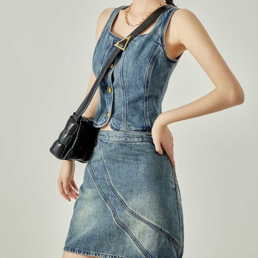 デニムセットアップ 金ボタンデニムトップス＆スカート