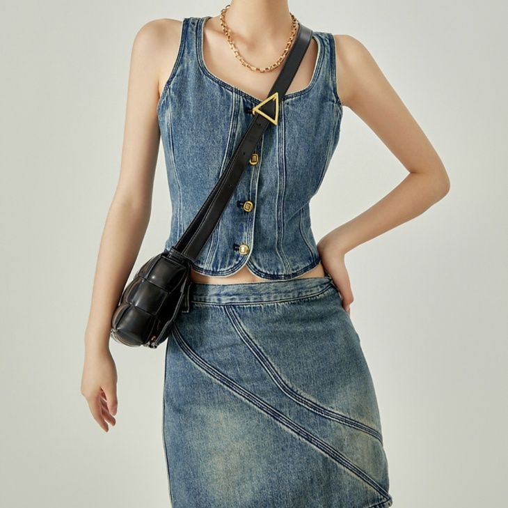 デニムセットアップ 金ボタンデニムトップス＆スカート