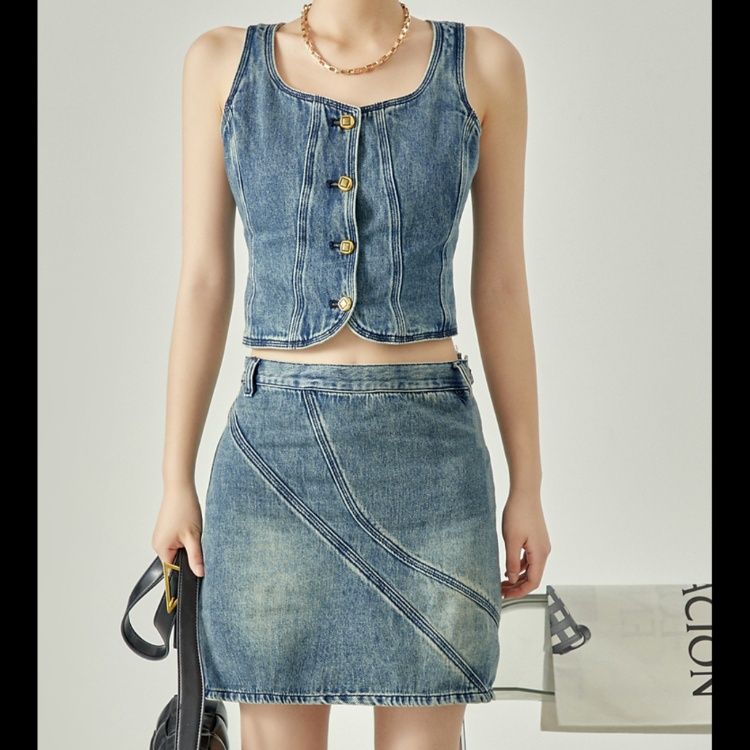 デニムセットアップ 金ボタンデニムトップス＆スカート