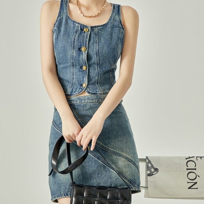 デニムセットアップ 金ボタンデニムトップス＆スカート