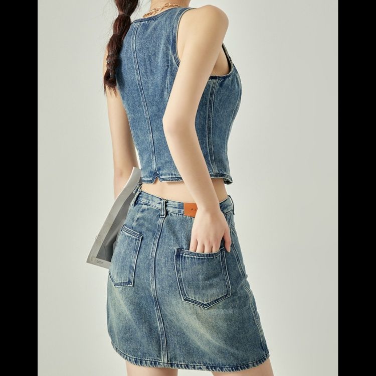 デニムセットアップ 金ボタンデニムトップス＆スカート