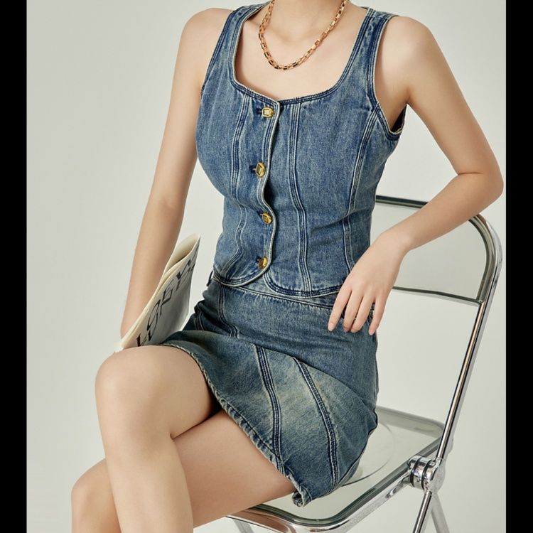 デニムセットアップ 金ボタンデニムトップス＆スカート