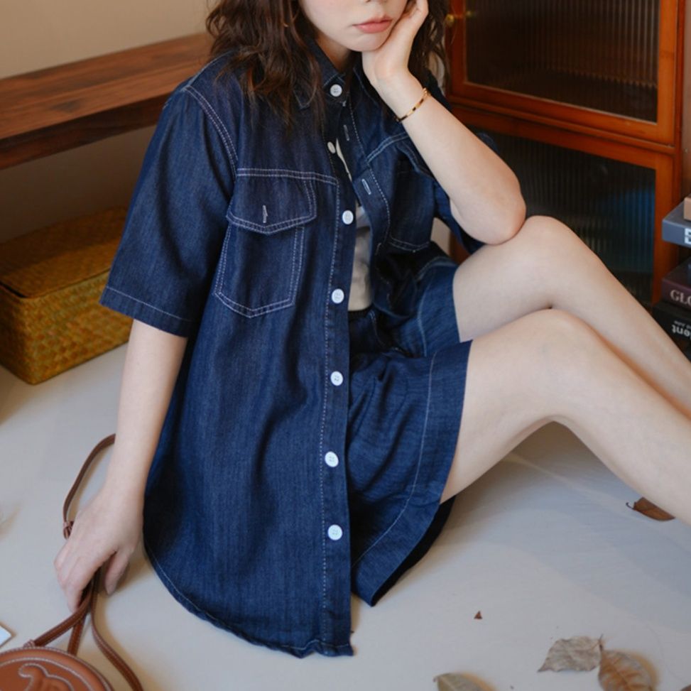 デニムセットアップ こなれ感ポケット付きデニム上下セット