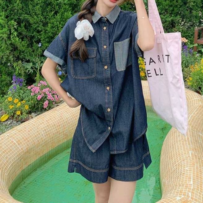 デニムセットアップ ポケット付きリラックスデニムセット