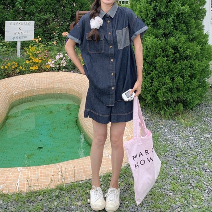 デニムセットアップ ポケット付きリラックスデニムセット