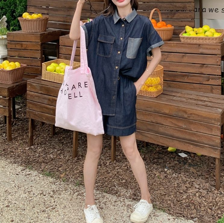 デニムセットアップ ポケット付きリラックスデニムセット