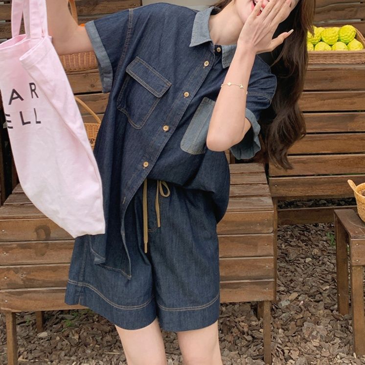 デニムセットアップ ポケット付きリラックスデニムセット