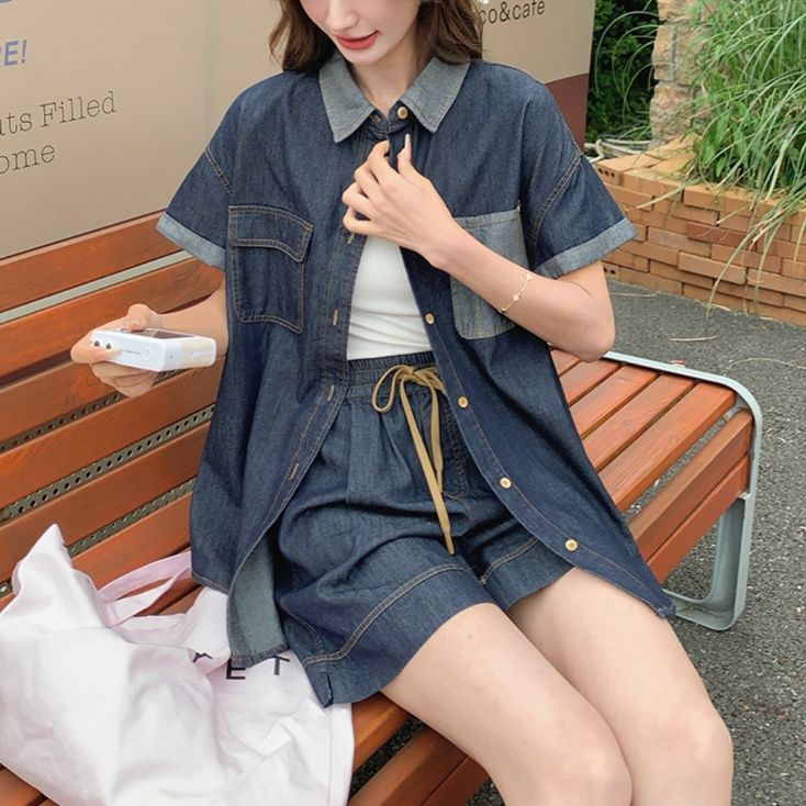 デニムセットアップ ポケット付きリラックスデニムセット