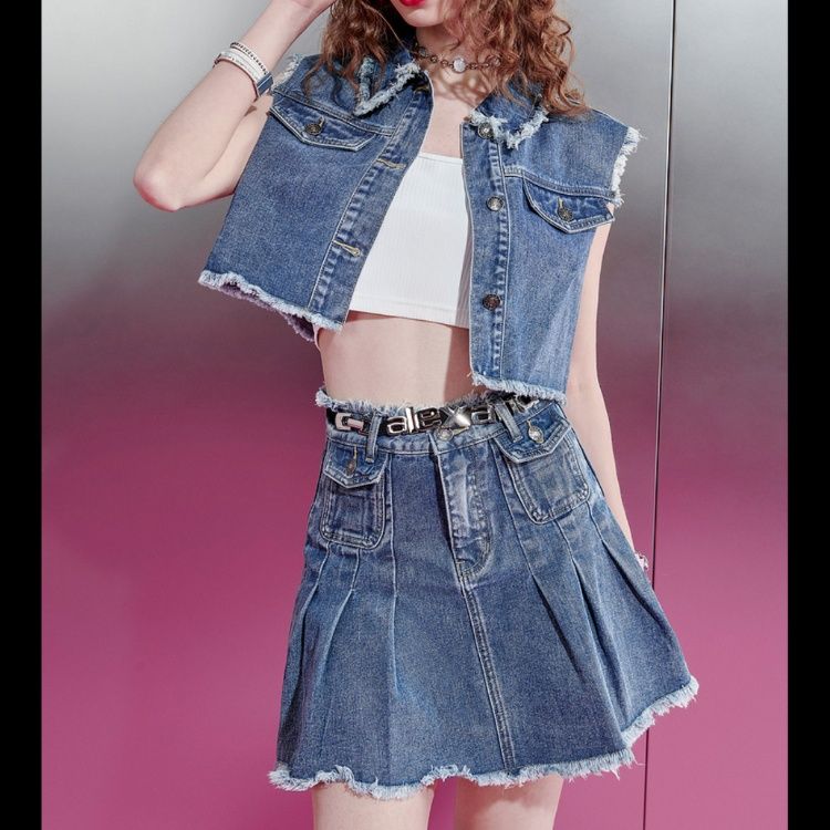 デニムセットアップ ストリートプリーツミニスカートセット