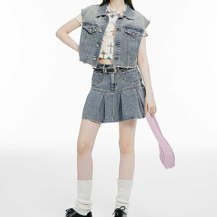 デニムセットアップ 色落ちデニムベストプリーツスカート