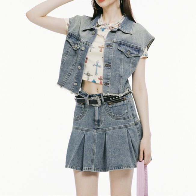 デニムセットアップ 色落ちデニムベストプリーツスカート