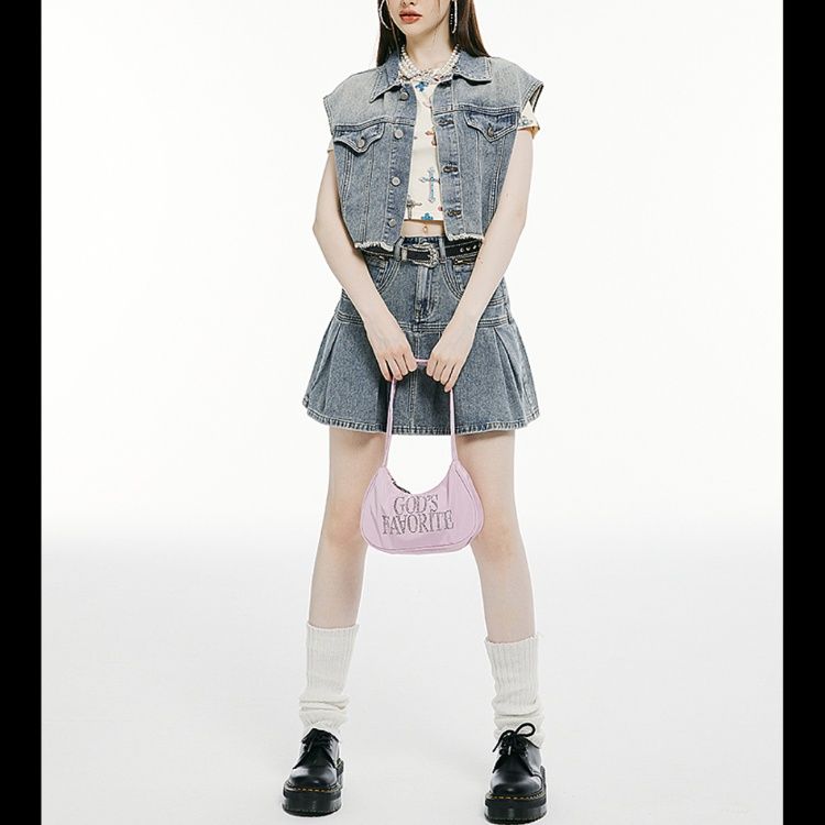 デニムセットアップ 色落ちデニムベストプリーツスカート