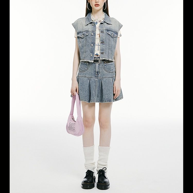 デニムセットアップ 色落ちデニムベストプリーツスカート