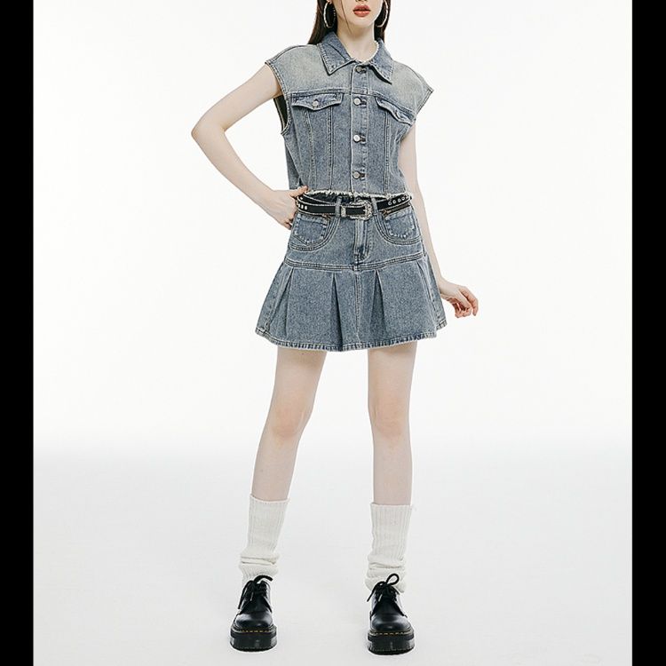 デニムセットアップ 色落ちデニムベストプリーツスカート