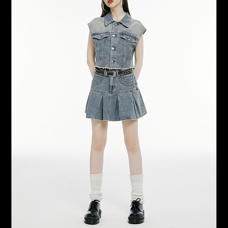 デニムセットアップ 色落ちデニムベストプリーツスカート