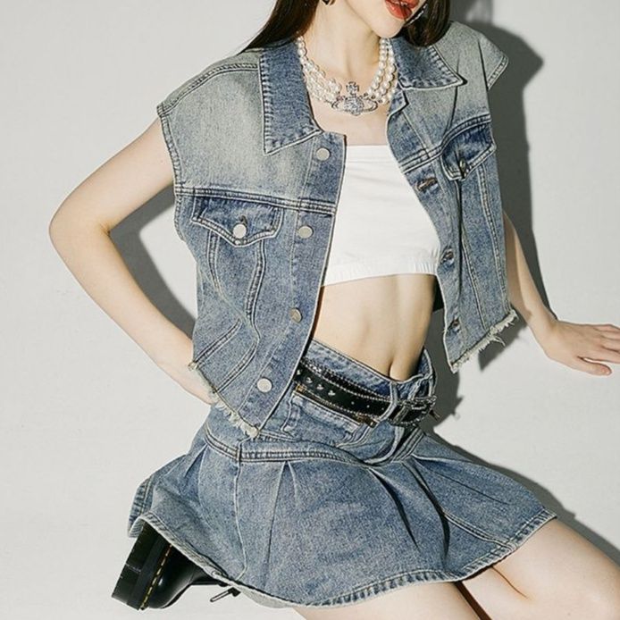 デニムセットアップ 色落ちデニムベストプリーツスカート