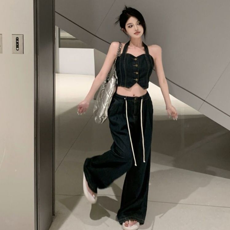 デニムセットアップ ホルターネックビスチェワイドパンツセット