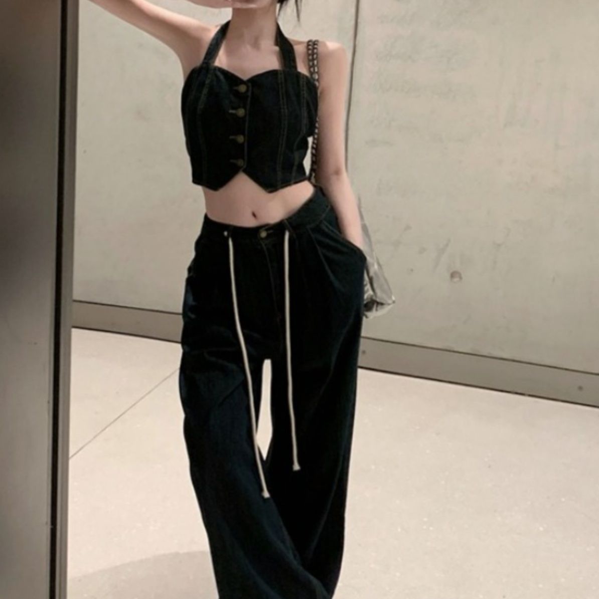 デニムセットアップ ホルターネックビスチェワイドパンツセット