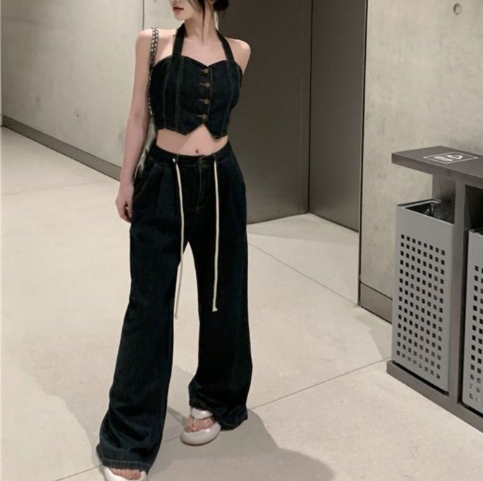 デニムセットアップ ホルターネックビスチェワイドパンツセット