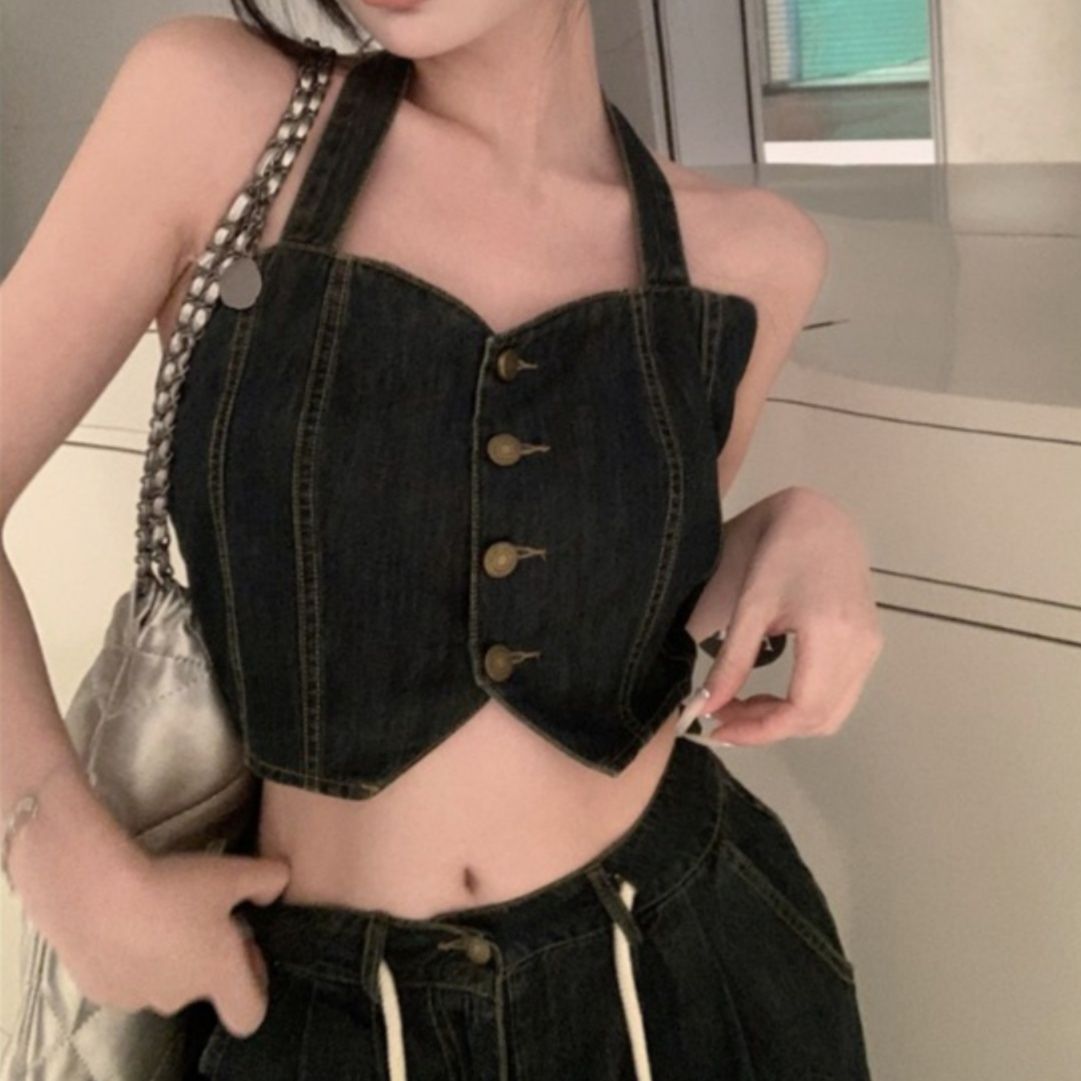 デニムセットアップ ホルターネックビスチェワイドパンツセット