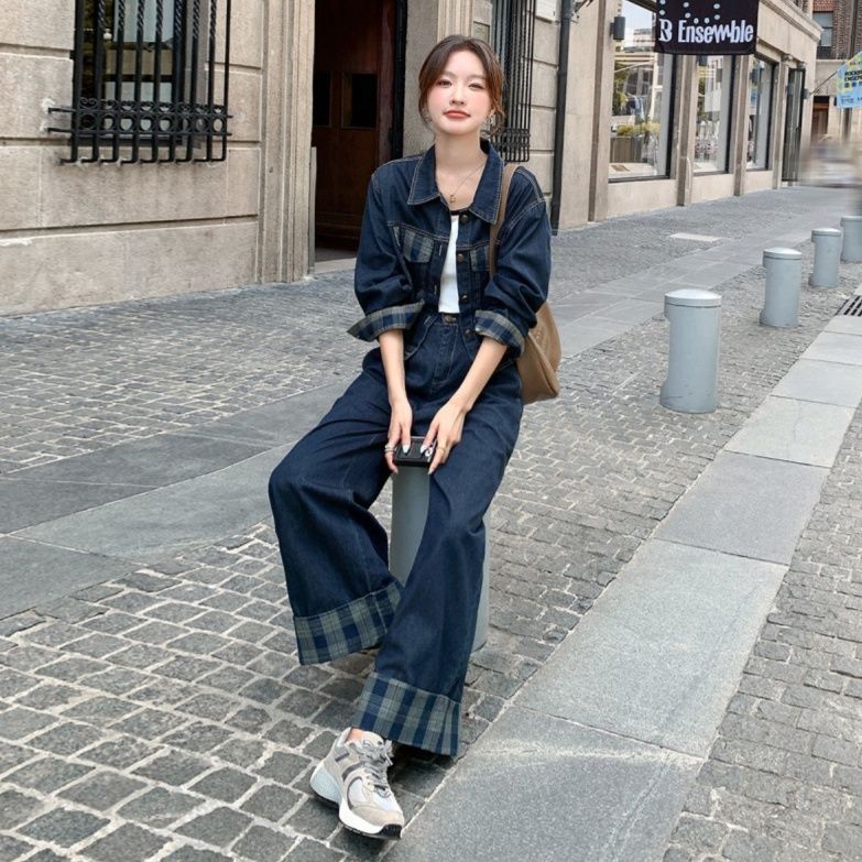 デニムセットアップ チェック柄アクセント付き上下セット